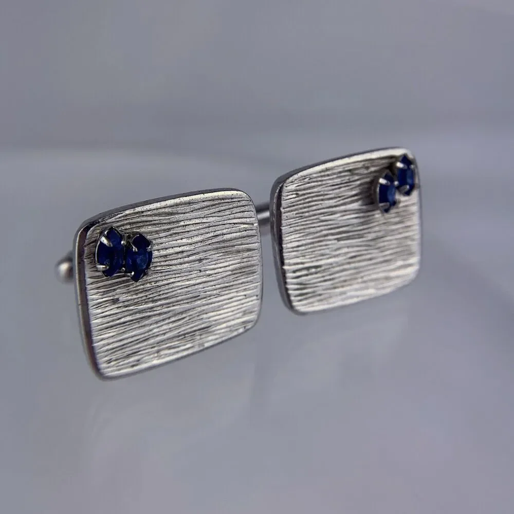 Modernist Blue Rhinestone Silver Tone Cufflinks Carved Texture MCM Atomic VTG